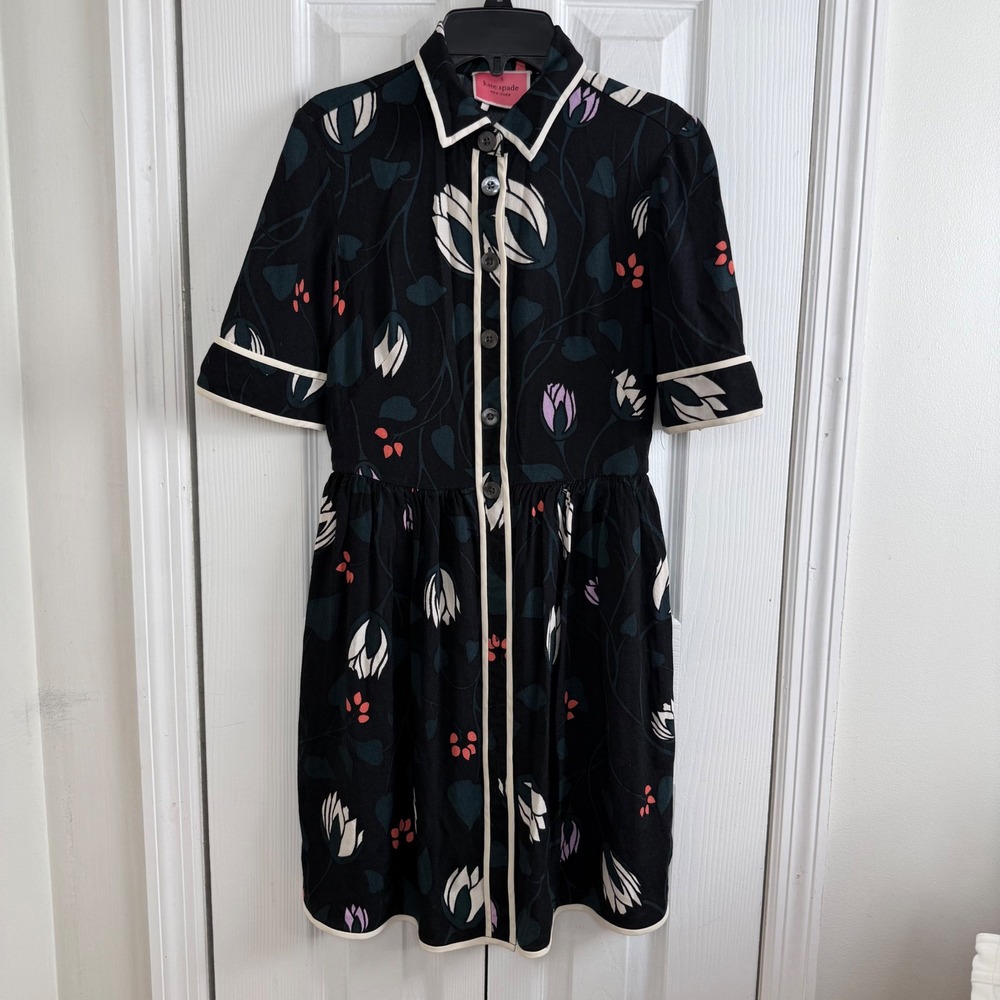 Kate Spade Tulip Print Shirt Dress 0 Black Floral Cottagecore Mod Collared